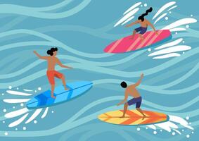 three surfers are surfing on the waves vector