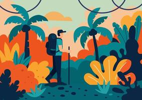 A tourist walks through an abstract stylized jungle vector