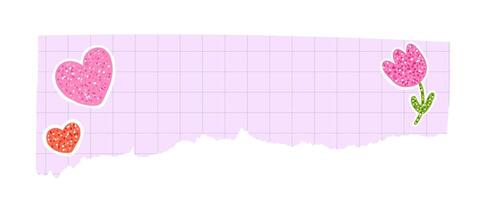 Ripped pad paper with grid pattern and adhesive cute stickers with glitter vector