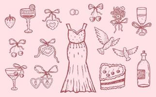 Set of vintage wedding whimsial sketch with bride dress, bouquet and locket in pink color vector