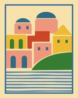 Seacoast Europe City District Architecture. Mediterranean Amalfi Style. Italy, Greece Summer Travel Resort Advertising Card Invitation Poster Background. Vibrant Town House Building Street View vector