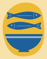 Fish and Bowl Plate. Abstract Graphic Mediterranean Amalfi Style Minimalist Art. Seafood Restaurant or Cafe Menu Background. Vintage Vibrant Graphic Food Drink Theme. Tourism Agency card Invitation vector