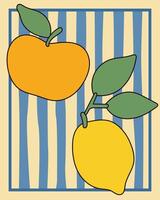 Apple and Lemon Fruit Retro Poster Background. Funny Vibrant Colorful Vegetarian Diet Food Symbol. Positive and Happy Summer Vibes Outline Art. Birthday Card Invitation Vintage Nostalgic Decoration vector