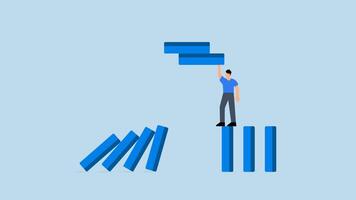 4k animation of businessman company manager remove dominoes to stop domino effect of collapse. video