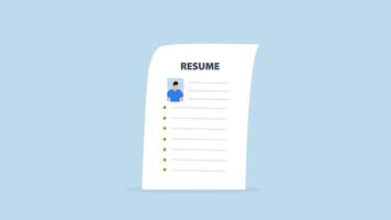 4k animation of CV with photo of reclining Pinocchio with long nosed businessman. video