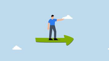 4k animation of businessman driving high in sky with green up arrow diagram indicating future goal. video