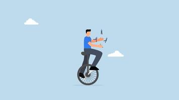 4k animation of businessman manager riding Unicycle balance, juggling team members diversify people. video
