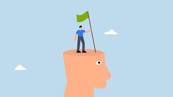 4k animation of businessman climbing at top of his mind with winning flag for business purpose in his hand. video