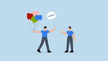 4k animation of Meeting summary, Entrepreneur carries collection of speech bubbles representing members views and provides recap after gathering. video