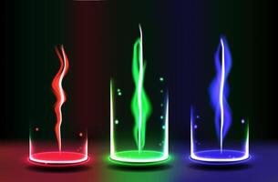 Three glass cylinders display vibrant light trails of red, green, and blue amidst a dark backdrop, creating an intriguing visual effect at night vector