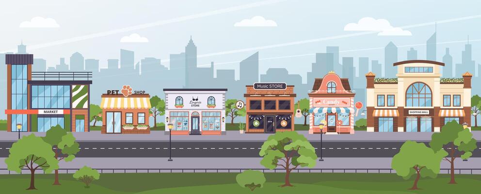 Urban street with shops and city skyline background. Market, pet shop, music and candy store, lingerie store, and shopping mall facades. Horizontal flat banner for retail and city life themes.