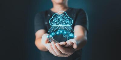 Hand hold icon cloud computing technology.secure backup online digital networking and internet connection service concept.data storage center system sharing management for upload download transfer. photo