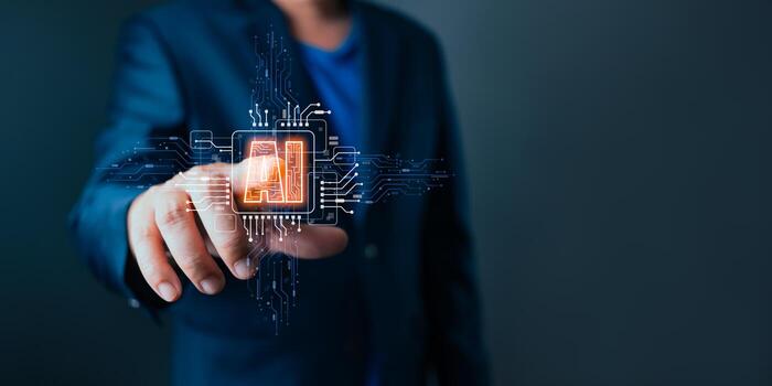 man touch ai chipset tech. Big data center storage.Digital Artificial Intelligence technology disruption concept. We are implementing storage technology support and service in the business. photo