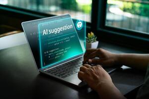 Developer using AI code suggestion tool on laptop, glowing futuristic interface, showcasing artificial intelligence assistance in software development, automation for efficient programming workflow. photo