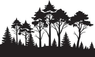 Black and white silhouette of a dense forest. A striking silhouette of various trees, likely pine and fir, creates a peaceful and natural scene. vector