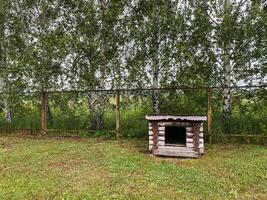 In the center of a lush grassy field, there is a charming small wooden dog house that is nestled comfortably among the greenery, providing a cozy shelter for a beloved pet photo