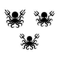 Set of Black Octopus Mascot Logos with Trident Weapons and Tentacles vector