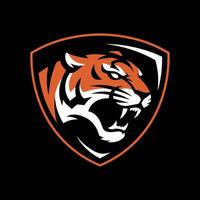 Ferocious Tiger Head Roaring Mascot Logo within a Shield Emblem vector