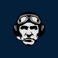Vintage Aviator Pilot Head with Goggles and Headset Logo Design vector
