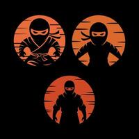 Set of Three Stylized Ninja Silhouettes in Orange Circles with Sunset Effect vector