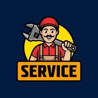 Friendly Plumber or Mechanic Mascot with Wrench and Service Banner Cartoon Repairman Emblem vector