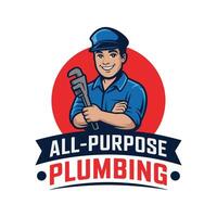 Friendly Plumber Mascot Logo with Wrench for All-Purpose Plumbing Services vector