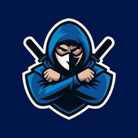 Powerful Blue Ninja Assassin Mascot with Crossed Swords and Hood vector