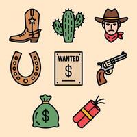 Western icons including boots, cactus, and gun vector