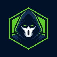 Mysterious Hooded Figure Esport Mascot Logo with Mask and Glowing Eyes in Hexagon Frame vector