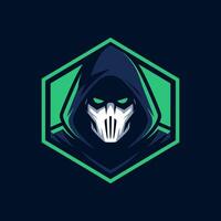 Dark Hooded Figure Esport Mascot Logo with Mask and Glowing Eyes in Hexagonal Frame vector