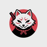 Japanese Kitsune Fox Mask with Katana and Red Circle Background vector