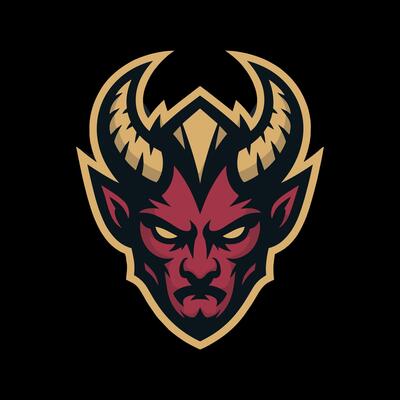 Intense Devil or Demon Head Mascot Logo with Horns and Fierce Expression on Black Background