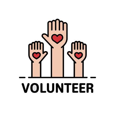 Three Abstract Outlined Human Hands with Red Hearts for Volunteer Logo