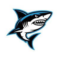 Aggressive Cartoon Shark Mascot with Open Jaws and Blue Outline on White Background vector