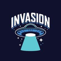 Retro Alien UFO Invasion Design with Spaceship and Abduction Beam vector