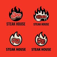 Fiery Steak House Logos with Grilling Meat and Flames - Restaurant and BBQ Branding Elements vector