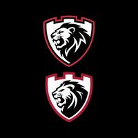 Roaring Lion Head on Royal Castle Shield Emblem in Bold Monochrome and Red vector