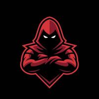 Mysterious Red Hooded Figure with Glowing Eyes and Folded Arms Esport Mascot vector