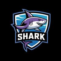 Fierce Cartoon Shark Mascot Logo with Shield and Ocean Waves on Black Background vector