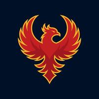 Powerful Red Phoenix Bird Rising Mascot Logo with Golden Outline on Dark Background vector