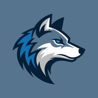 Blue-Eyed Gray Wolf Head Mascot Logo in Profile on a Blue Background vector