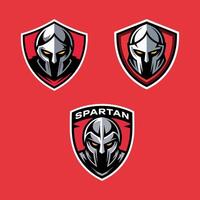 Set of Three Fierce Spartan Warrior Helmet Emblems with Glowing Eyes and Shields vector
