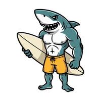 Muscular Cartoon Shark Mascot in Board Shorts Holding a Surfboard Ready for Summer Surfing vector