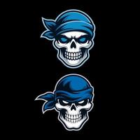 Dual Fierce Skull Mascots with Blue Bandanas and Glowing Eyes on Black Background vector