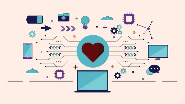 Modern technology background featuring heart symbol, circuits, devices, and tech icons in a clean digital style perfect for web design and creative projects