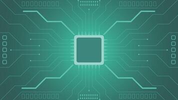 Modern green circuit board background featuring a central microchip and electronic lines perfect for tech digital and innovation designs vector