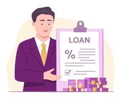 Bank Employee Presents Loan Agreement Document with Stack of Cash Money Bundle for Bank Loan and Financial Concept Illustration vector