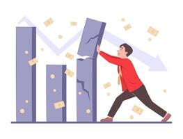 Businessman Pushing Cracked Financial Bar Chart for Economy Recession and Bankruptcy Concept Illustration vector