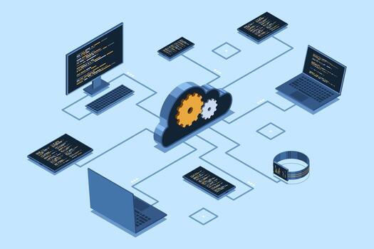 Isometric cloud technology computing. Isometric network with computer, laptop, tablet, and smartphone. Isometric technology. vector