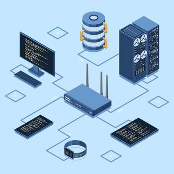 Isometric network router. Isometric network concept with router, computer, smartphone, and server connection. Isometric technology. vector